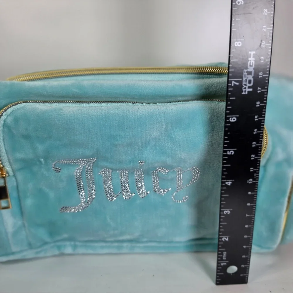Juicy Couture Velour Cosmetic Bag Turquoise Blue Rhinestone XL Train Case Travel